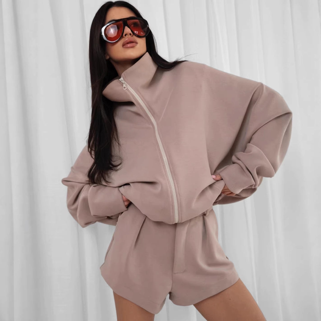 Damen Oversize Kapuzenjacke und Shorts-Set mit durchgehendem Reißverschluss Drune