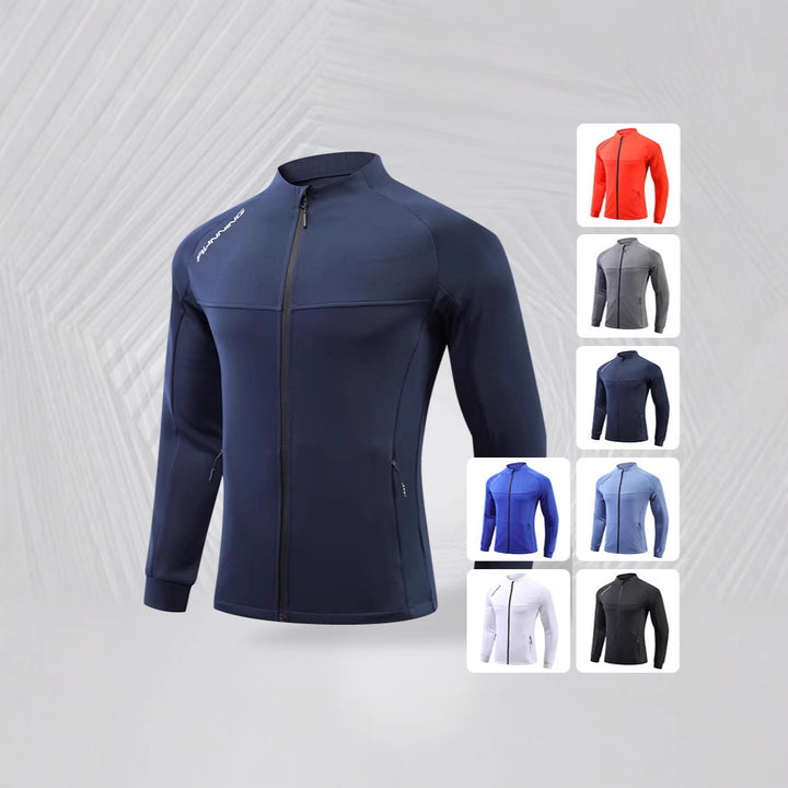 Herren Eng anliegende atmungsaktive Laufjacke mit durchgehendem Reißverschluss und Reißverschlusstaschen Drune