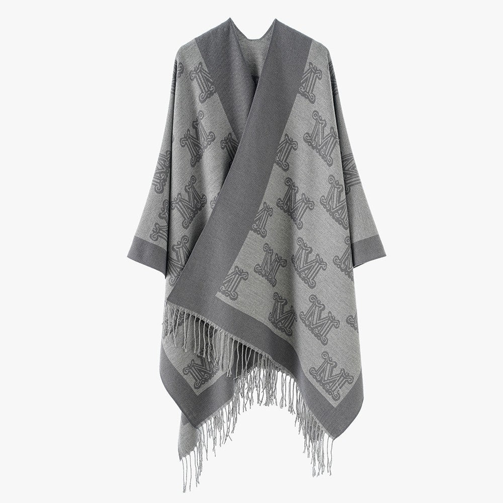 Damen Jacquard‑Monogramm‑Cape mit offenen Seiten und Fransen Drune