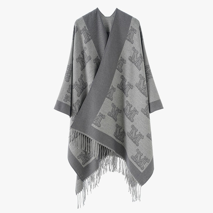 Damen Jacquard‑Monogramm‑Cape mit offenen Seiten und Fransen Drune
