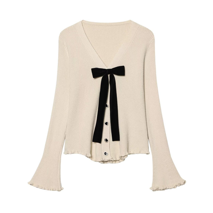 Damen Feinstrick-Cardigan mit V-Ausschnitt, Samtschleife und Herzknöpfen Drune