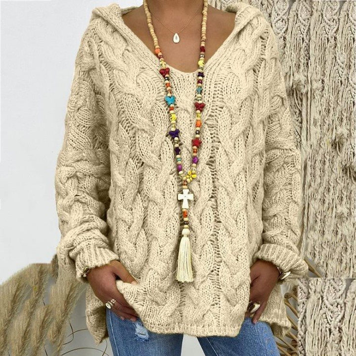 Damen Oversized Zopfmuster-Strickpullover mit Kapuze und lässigem V‑Ausschnitt Drune
