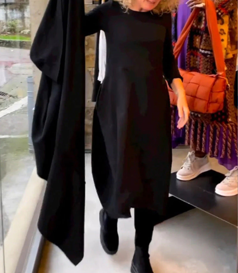 Damen nan asymmetrisches Ballonkleid mit dreiviertelärmeln, seitlichen Eingrifftaschen und fließendem Zipfelsaum Drune
