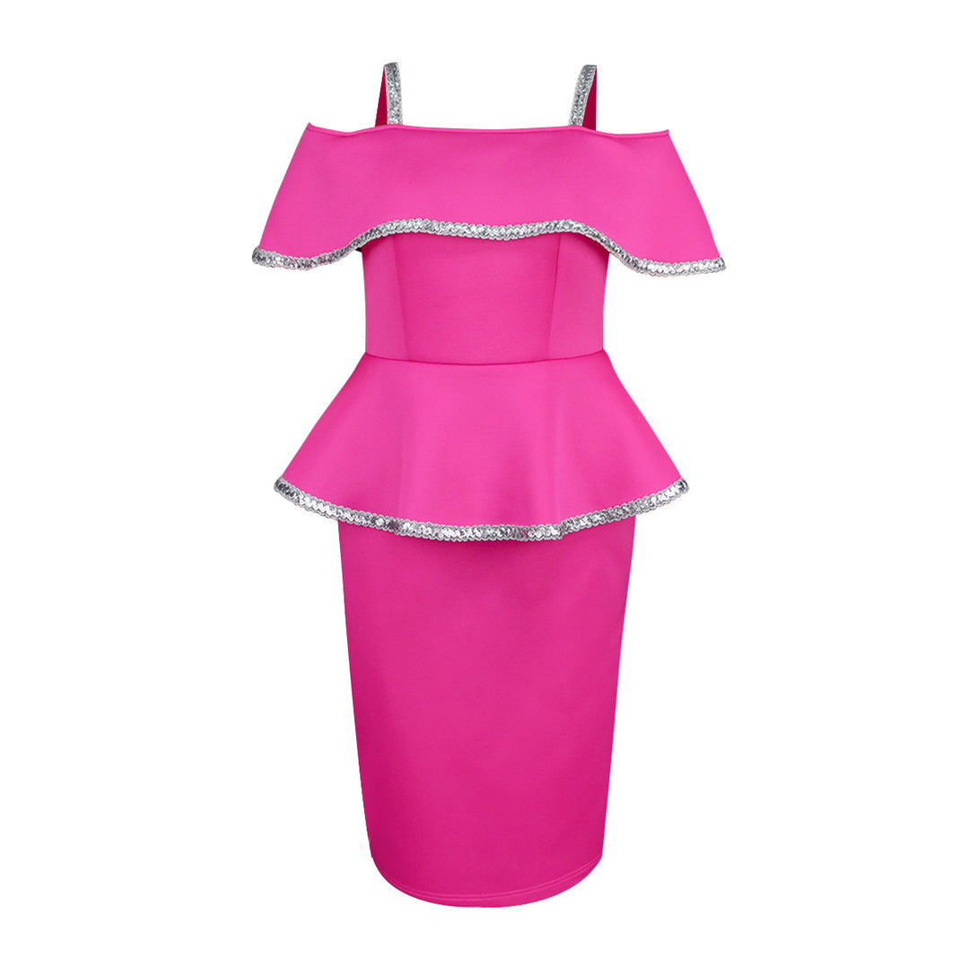 Damen Elegantes Cocktailkleid mit schulterfreiem Volant und funkelnden Akzenten Drune