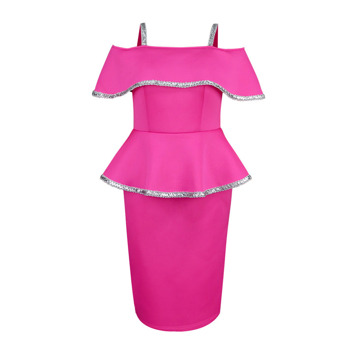 Damen Elegantes Cocktailkleid mit schulterfreiem Volant und funkelnden Akzenten Drune
