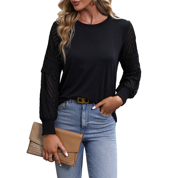 Damen Elegant-lässiges Langarmshirt mit Rundhalsausschnitt und gehäkelten Spitzenärmeln Drune