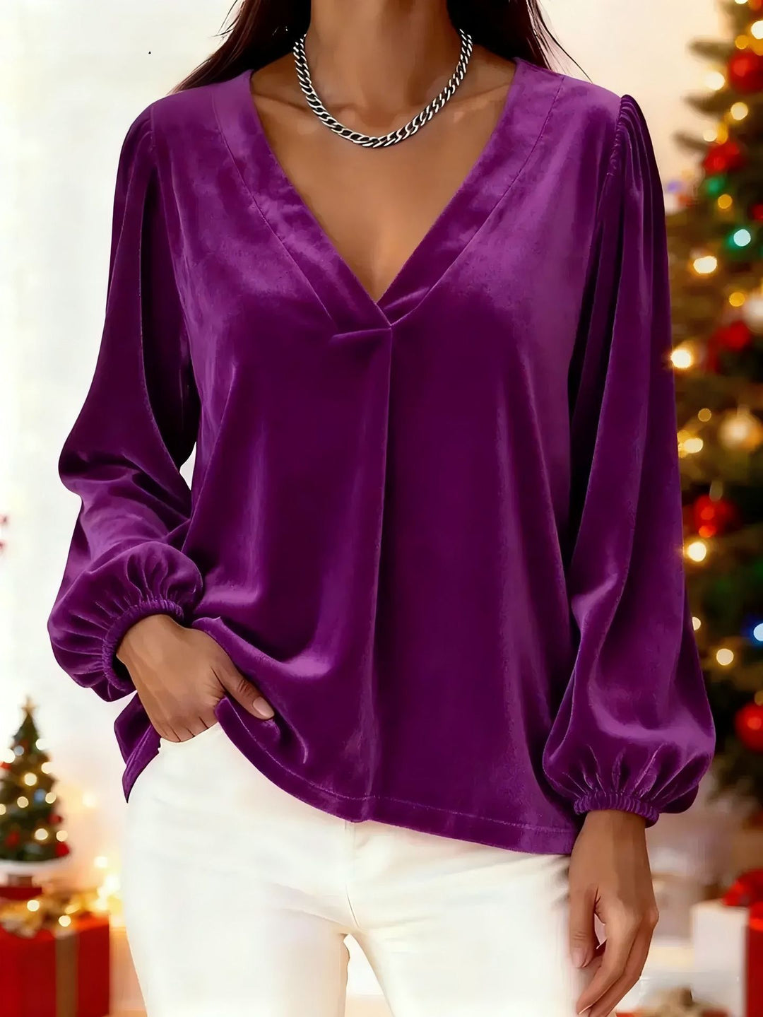 Damen Elegante Veloursbluse mit V-Ausschnitt Drune