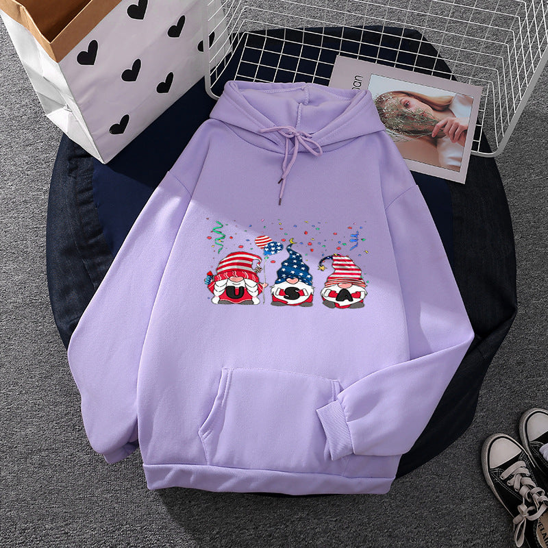 Damen nan Kapuzenpullover mit patriotischem Gartenzwerg-Print, angerautem Fleece-Innenfutter, Oversize-Schnitt und Kängurutasche Drune