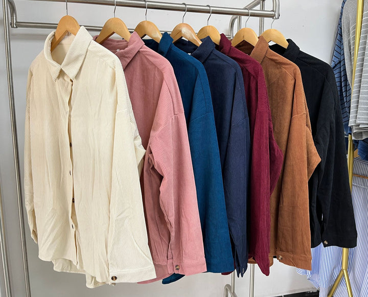 Damen Oversized Cordhemdjacke mit Druckknöpfen Drune