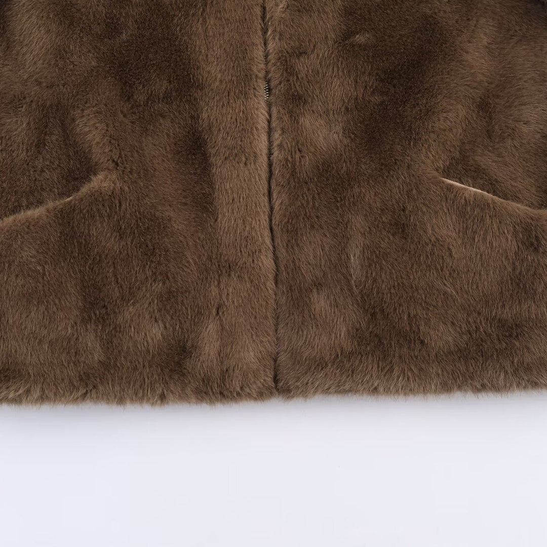 Damen Weiche und luxuriöse Jacke aus Kunstpelz mit Kapuze und praktischen Taschen Drune