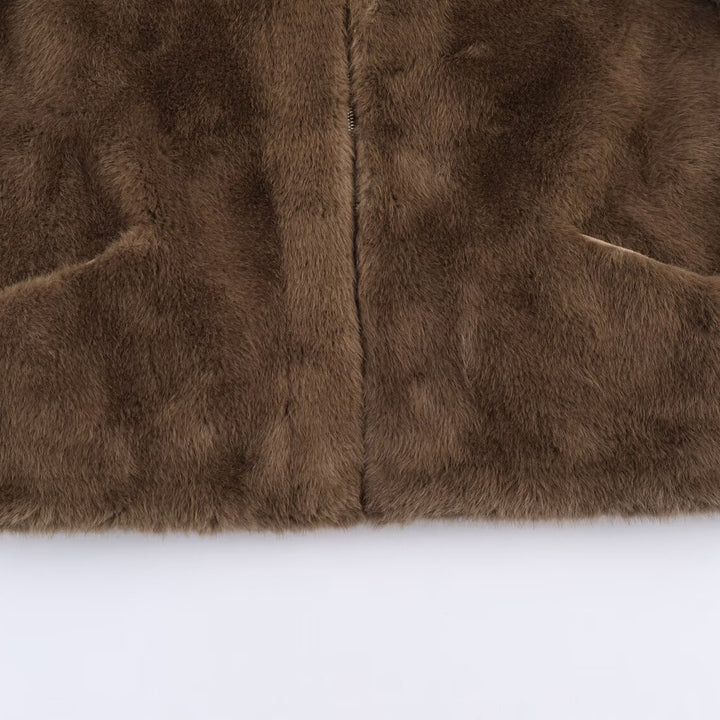 Damen Weiche und luxuriöse Jacke aus Kunstpelz mit Kapuze und praktischen Taschen Drune