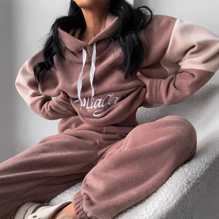 Damen kuscheliges Hoodie-Set mit kontrastärmel, elastischer High-Waist-Jogginghose und überschnittener Kapuze Drune