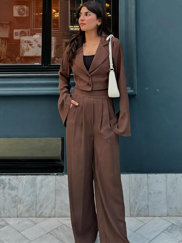 Damen Zweiteiliges Tailoring-Set Kurzblazer mit Glockenärmeln und High‑Waist Palazzohose Drune