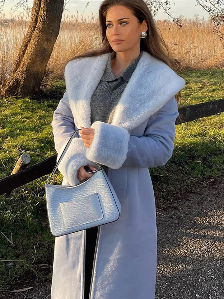 Damen Eleganter lang geschnittener Mantel aus Velours‑Optik mit voluminösem Kunstfell‑Schalkragen Drune