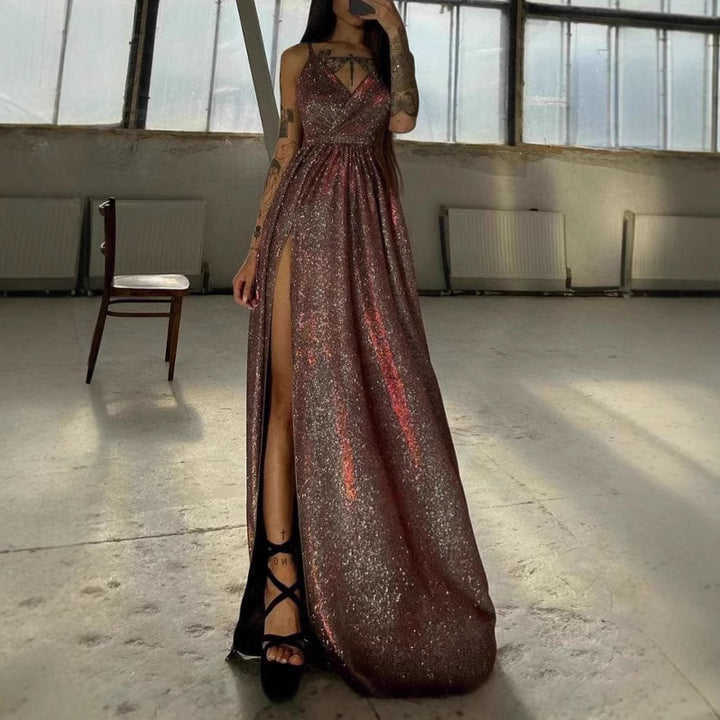 Damen Elegantes Glitzer-Maxikleid mit tiefem Schlitz und schickem Wickeldesign Drune