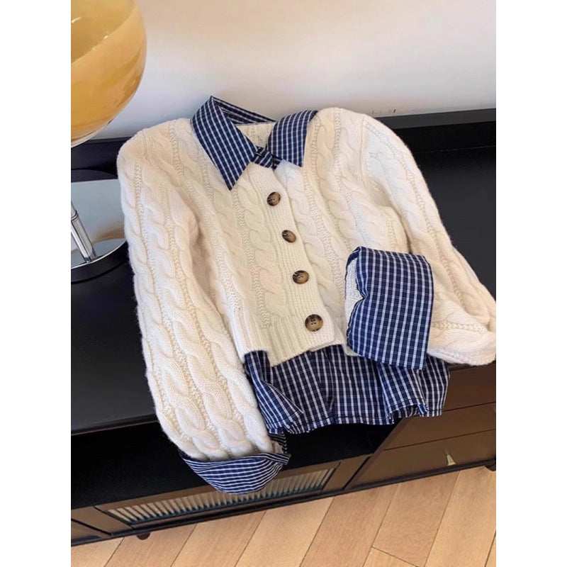 Damen Strickjacke mit Karostoffkragen und Knopfdetails Drune