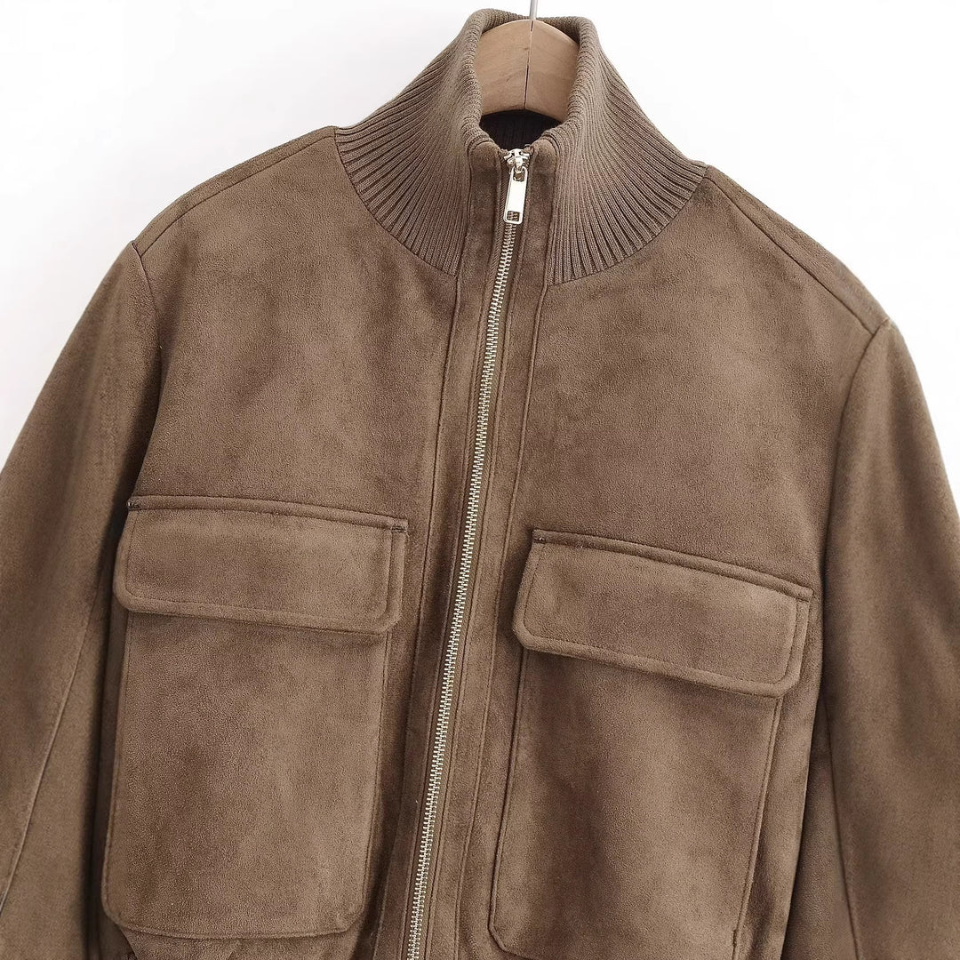 Damen Bomberjacke aus Wildlederoptik mit großen Pattentaschen und Rippbündchen Drune