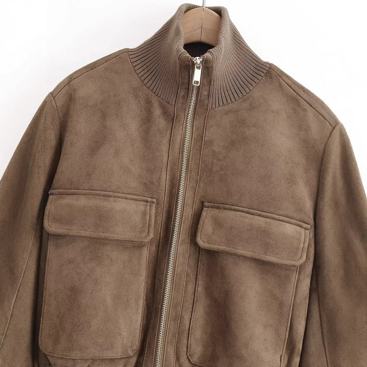 Damen Bomberjacke aus Wildlederoptik mit großen Pattentaschen und Rippbündchen Drune