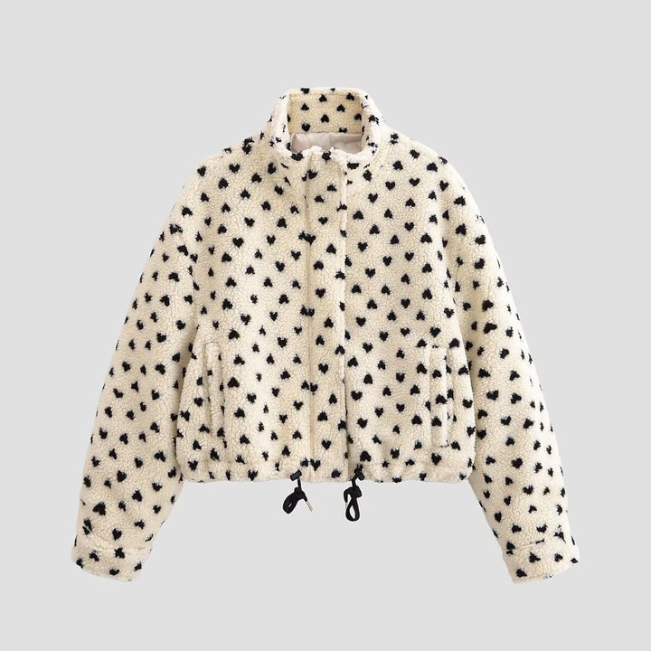 Damen Teddyjacke mit Stehkragen, Herzchen-Allover und Kordelzugsaum Drune