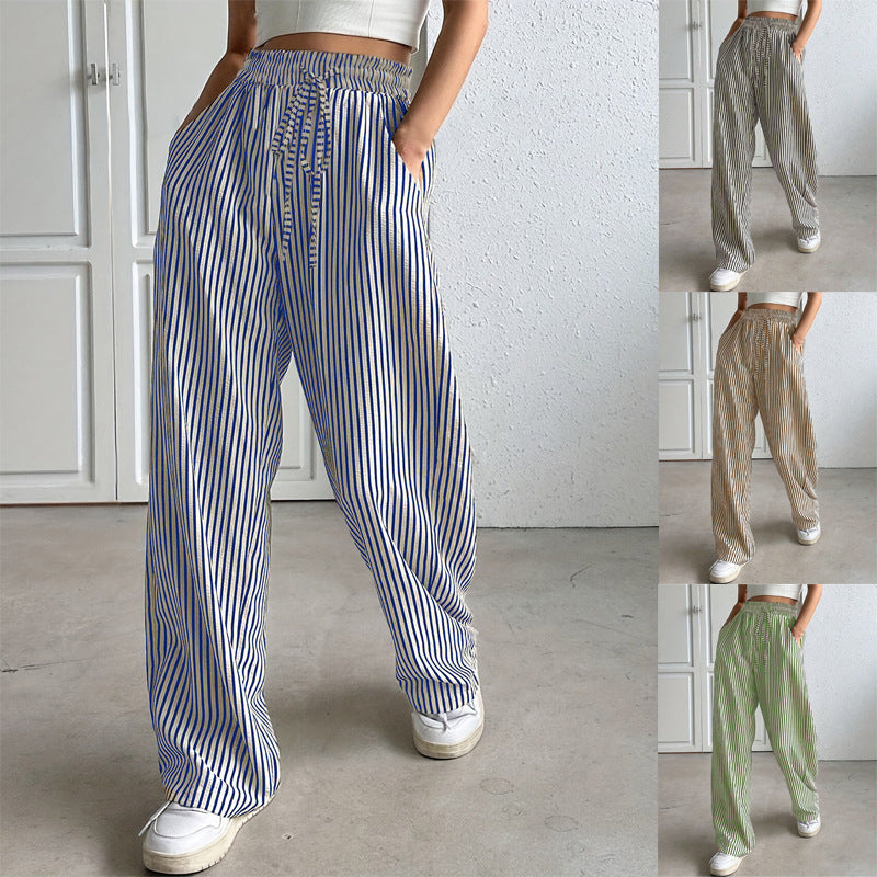 Damen Marlene-Streifenhose aus Leinenmix mit weitem Bein, Elastikbund und Kordelzug Drune