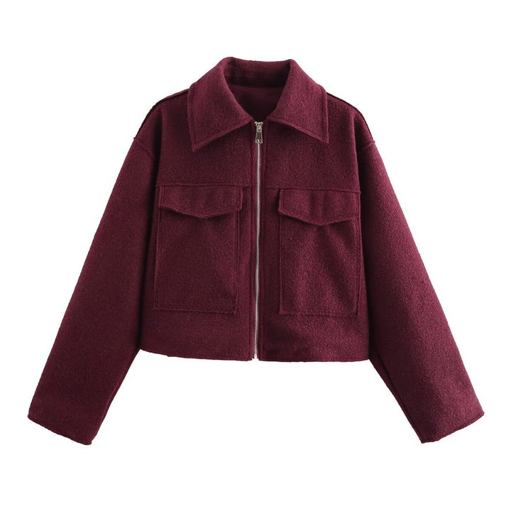 Damen Boxy-Cropped-Jacke aus Bouclé‑Wollmix mit Hemdkragen und aufgesetzten Pattentaschen Drune