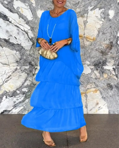 Damen nan mehrlagiges Stufenmaxikleid mit weitem Fledermausoberteil und stufigem Volantrock Drune