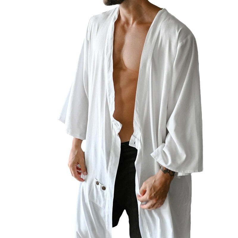 Herren langer Kimono-Hausmantel aus leichter Viskose mit weiten 3/4-Ärmeln Drune
