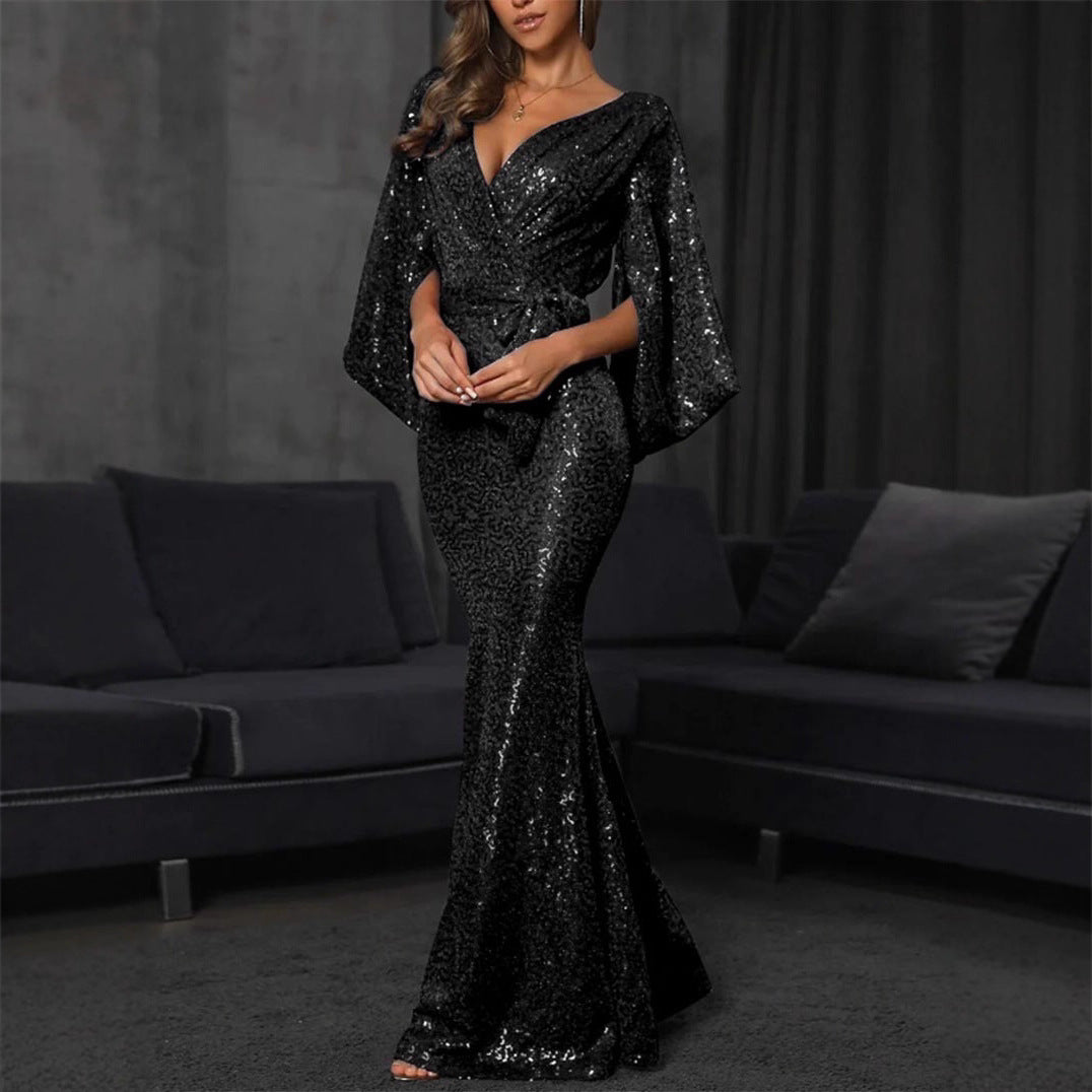 Damen Elegantes Pailletten-Mermaid-Kleid mit tiefem V-Ausschnitt und voluminösen Ärmeln Drune