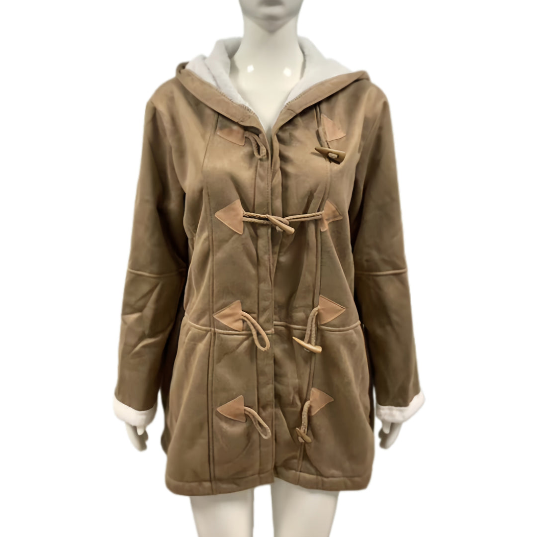 Damen Kapuzen-Dufflecoat mit Kunstfellbesatz und KnDruneelverschlüssen Drune