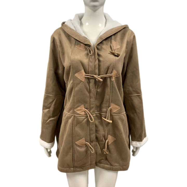 Damen Kapuzen-Dufflecoat mit Kunstfellbesatz und KnDruneelverschlüssen Drune