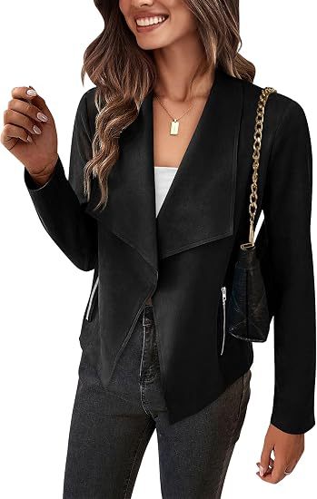 Damen Velourslederimitat-Wasserfallblazer mit asymmetrischem Saum und Reißverschlusstaschen Drune
