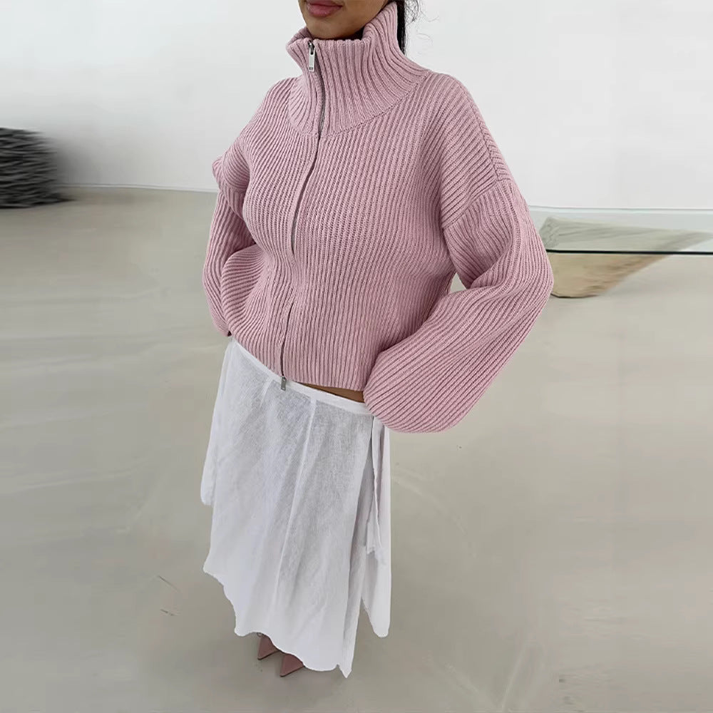 Damen Gestreifte Strick‑Zipjacke im Cropped‑Boxy‑Schnitt mit Hemdkragen Drune