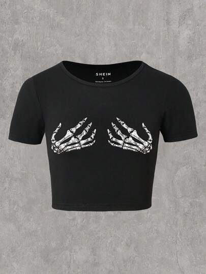 Damen Cropped T-Shirt mit kreativem Skelettdesign Drune