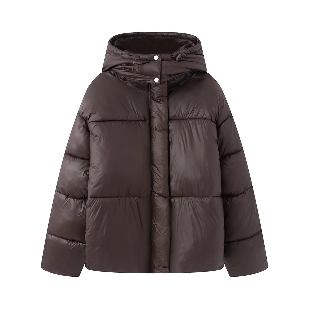Damen nan kastige wattierte Kurzjacke mit Kapuze, hoher Kragen und verdeckter Druckknopfleiste Drune