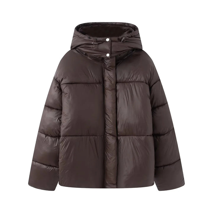 Damen nan kastige wattierte Kurzjacke mit Kapuze, hoher Kragen und verdeckter Druckknopfleiste Drune