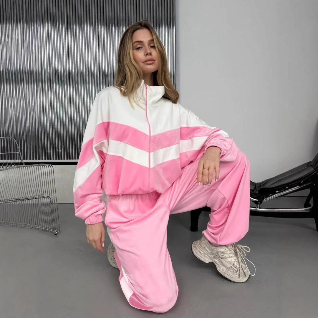 Damen Retro-inspiriertes Samt-Trackset mit Chevron-Design, Stehkragen und weiter High-Waist-Jogger Drune
