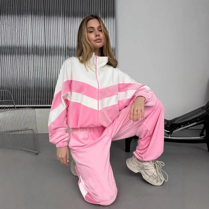 Damen Retro-inspiriertes Samt-Trackset mit Chevron-Design, Stehkragen und weiter High-Waist-Jogger Drune
