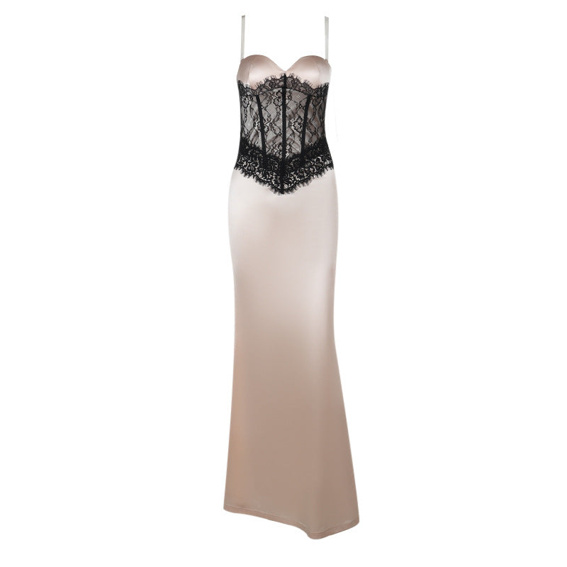 Damen elegantes Korsett-Maxikleid mit Spitzenoberteil Drune