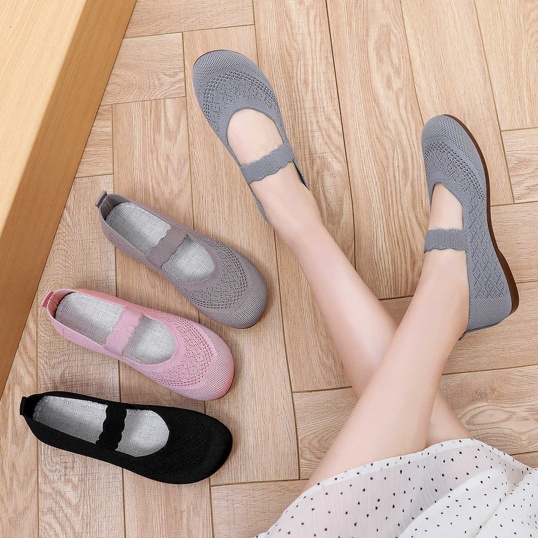 Damen nan gestrickter Mary-Jane-Slipper mit elastischem Riemen und ergonomischer Komfortsohle Drune