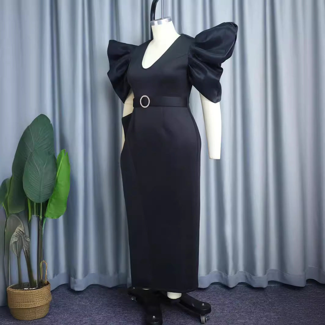 Damen elegantes Abendkleid mit voluminösen Puffärmeln und tailliertem Gürtel Drune