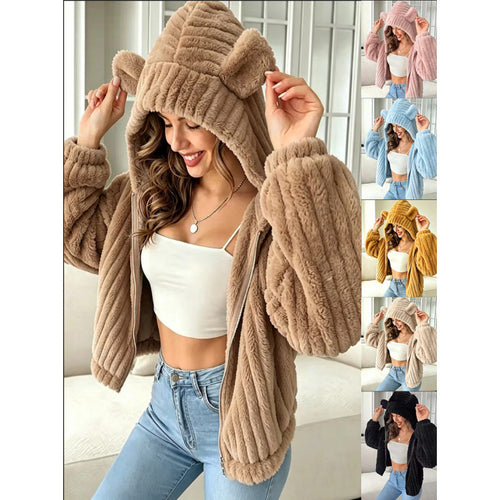 Damen Kuschelige Teddy-Kapuzenjacke mit Plüschstruktur und Kapuzenohren Drune