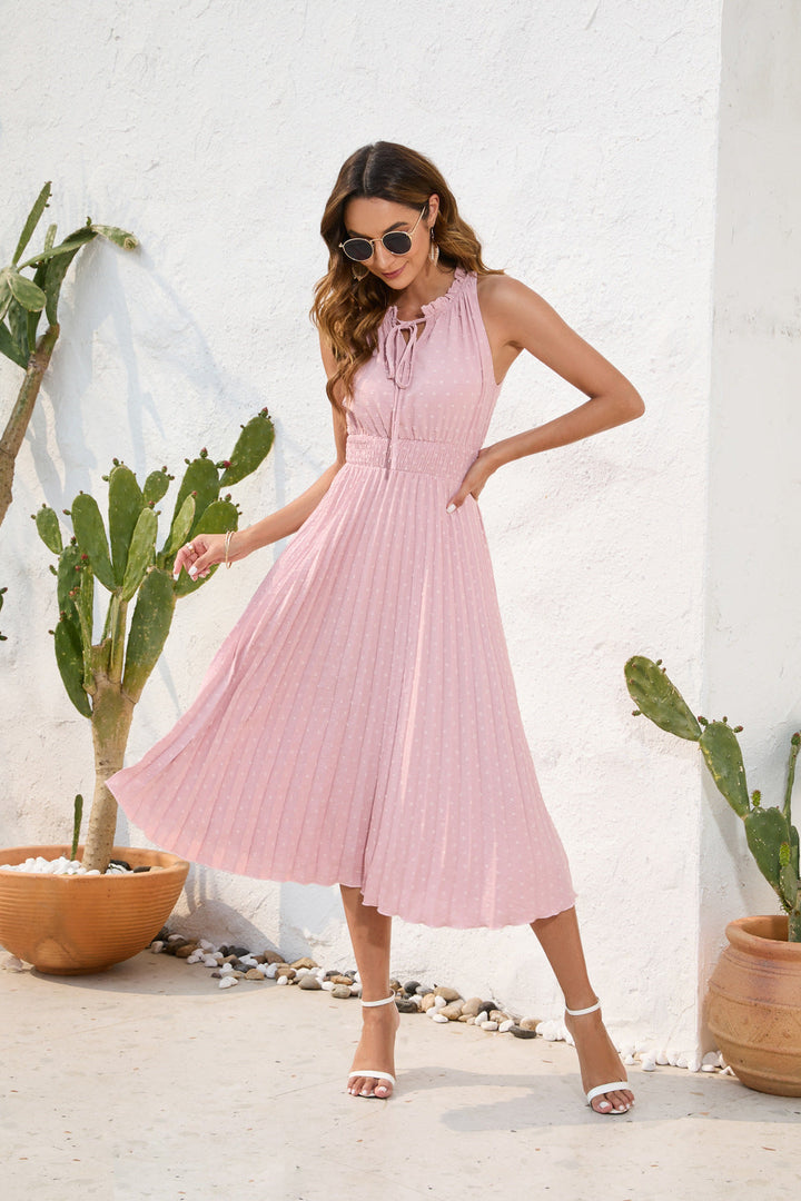 Damen Plissiertes Midikleid mit elegantem Schlitz und verstellbarem Kragen Drune