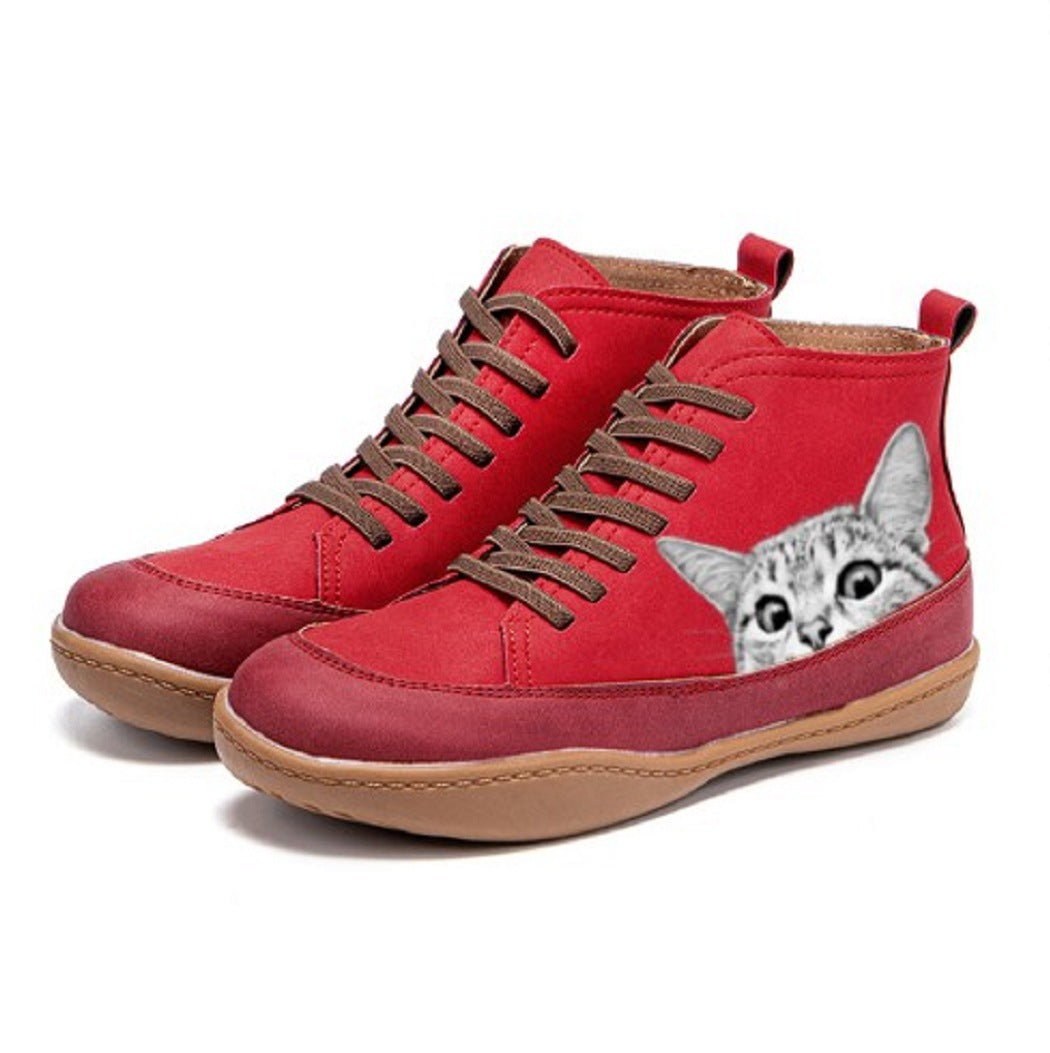 Damen nan knöchelhohe Sneaker mit niedlichem Katzenmotiv Stickerei und ergonomischem Komfortfußbett Drune