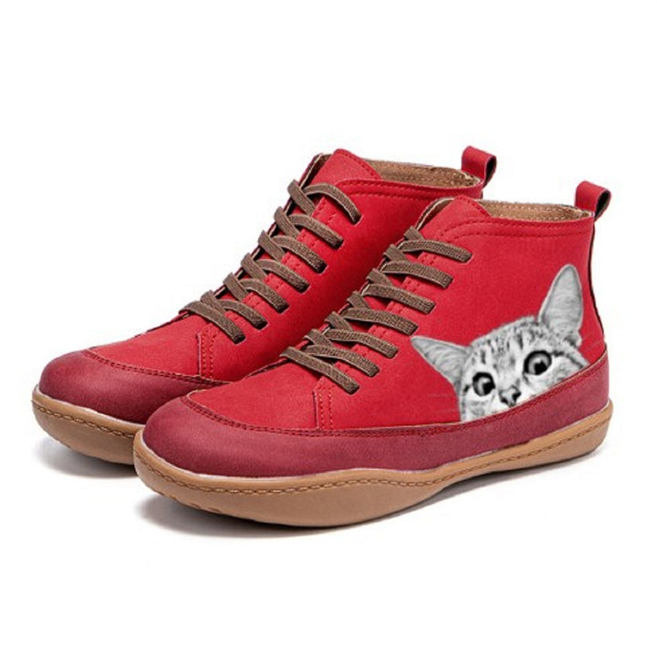 Damen nan knöchelhohe Sneaker mit niedlichem Katzenmotiv Stickerei und ergonomischem Komfortfußbett Drune