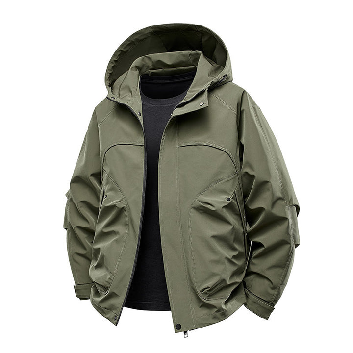 Herren technische Softshell-Utilityjacke mit Kapuze wasserabweisend und Multifunktionstaschen Drune