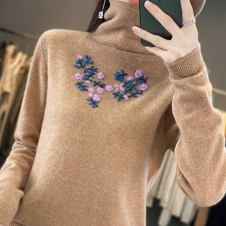 Damen Kaschmir‑Optik Rollkragenpullover mit zarter Blumenstickerei am Brustbereich Drune