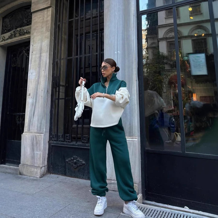 Damen Oversized Zweifarbiges Half-Zip Loungewear-Set mit Stehkragen und weitem Palazzo-Jogger Drune