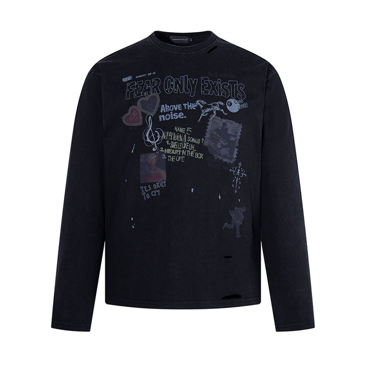 Herren Langarmshirt mit Print-Collage, Distressed‑Details und Relaxed‑Fit Drune