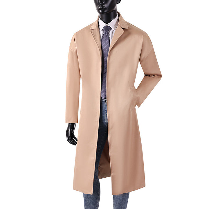 Herren Langer Minimalistischer Trenchcoat mit verdeckter Knopfleiste und Seitentaschen Drune