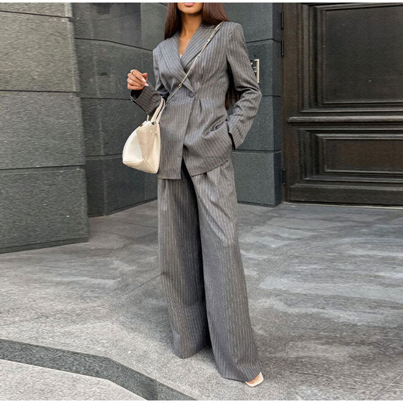 Damen elegantes Zweiteiler-Anzug-Set mit doppelter Knopfverschluss und weitem Bein Drune